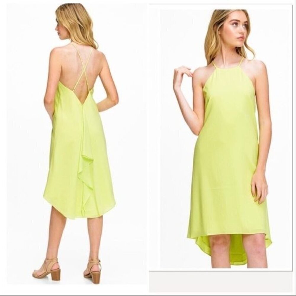 Lime green chiffon sleeveless halter hi-lo dress - Picture 4 of 12